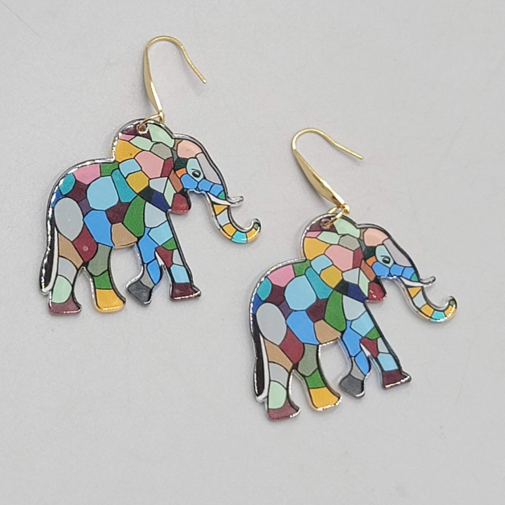 Multicolor Mosiac Elephant Pierced Earrings Acrylic Dangle Gold tone Hook 1 3/8"