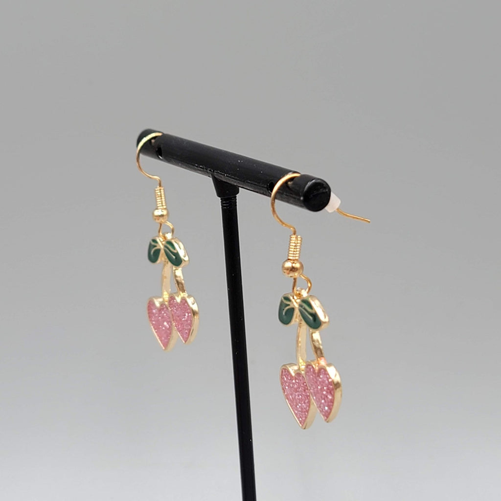 Heart Cherry Dangle Pierced Earrings Glitter Enamel Gold Tone Cute 1"