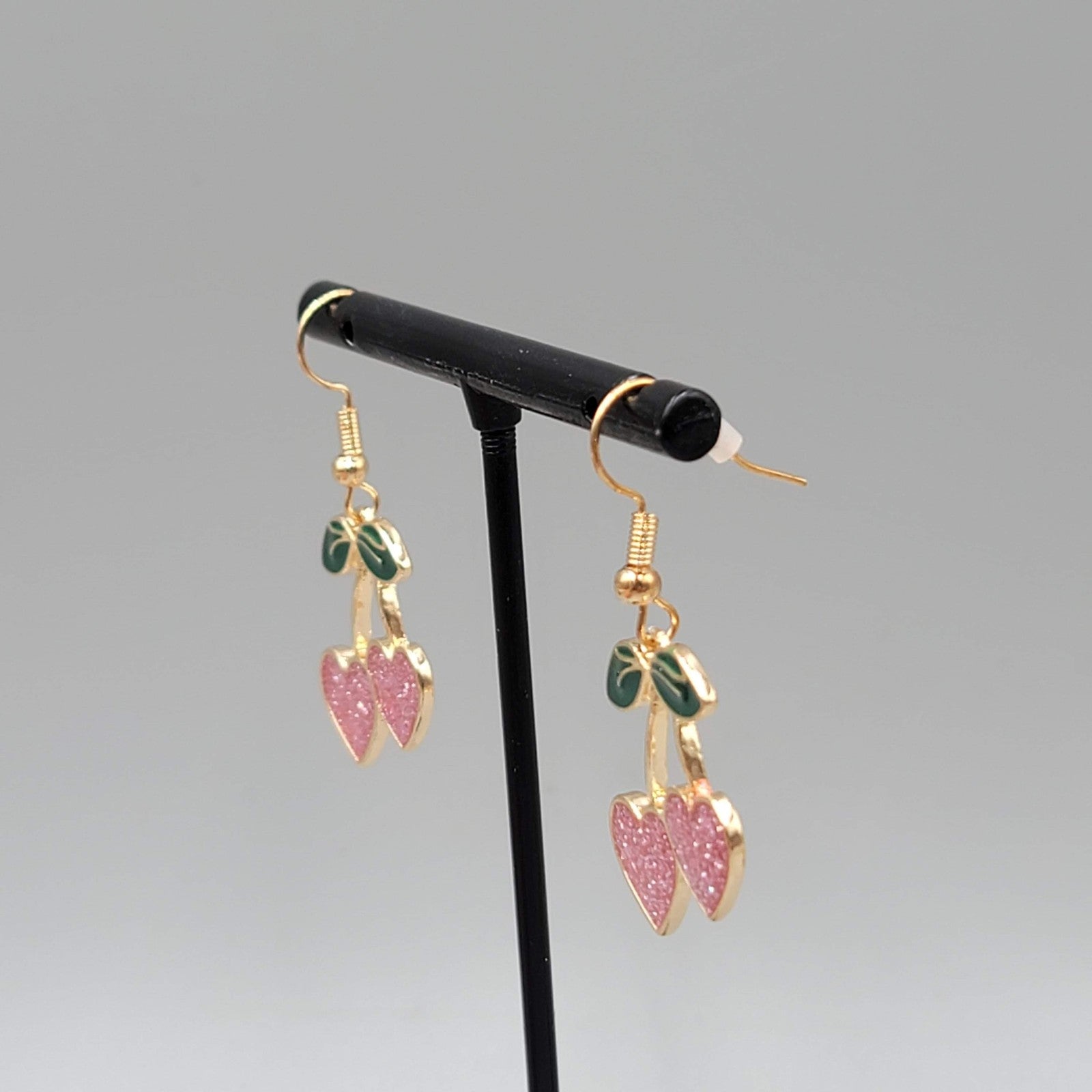 Heart Cherry Dangle Pierced Earrings Glitter Enamel Gold Tone Cute 1"