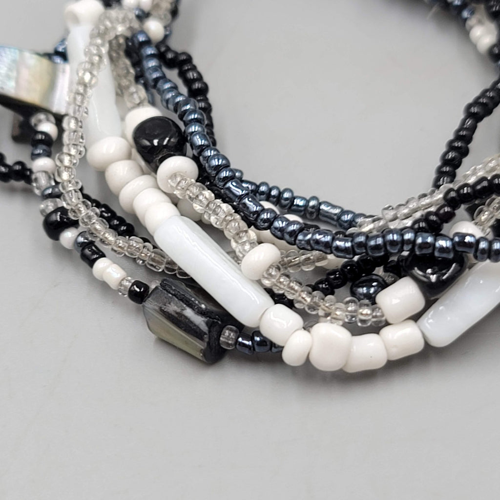 Black White Seed Bracelet Shell Multi Strand 7 in