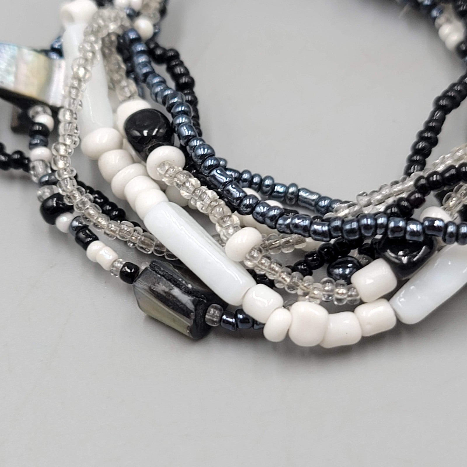 Black White Seed Bracelet Shell Multi Strand 7 in