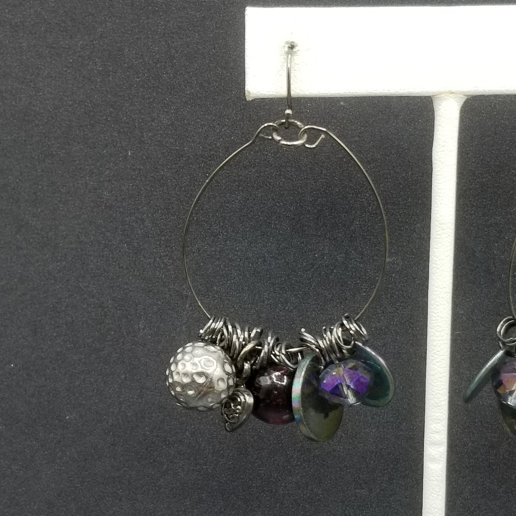 Pierced Earrings Black Wire Loop Acrylic Metal Charm Dangle 2 1/4"