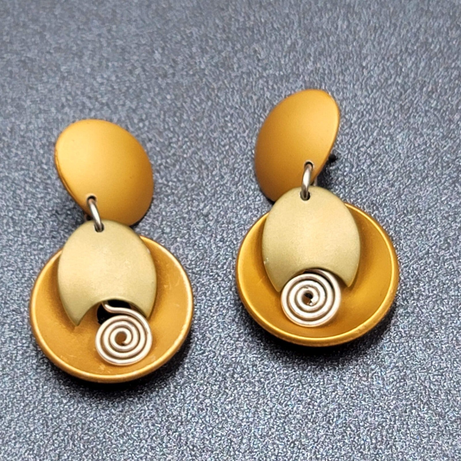 Pierced Earrings Brushed Gold tone Gold Silver Accent Modernist Dangle  1 3/8"