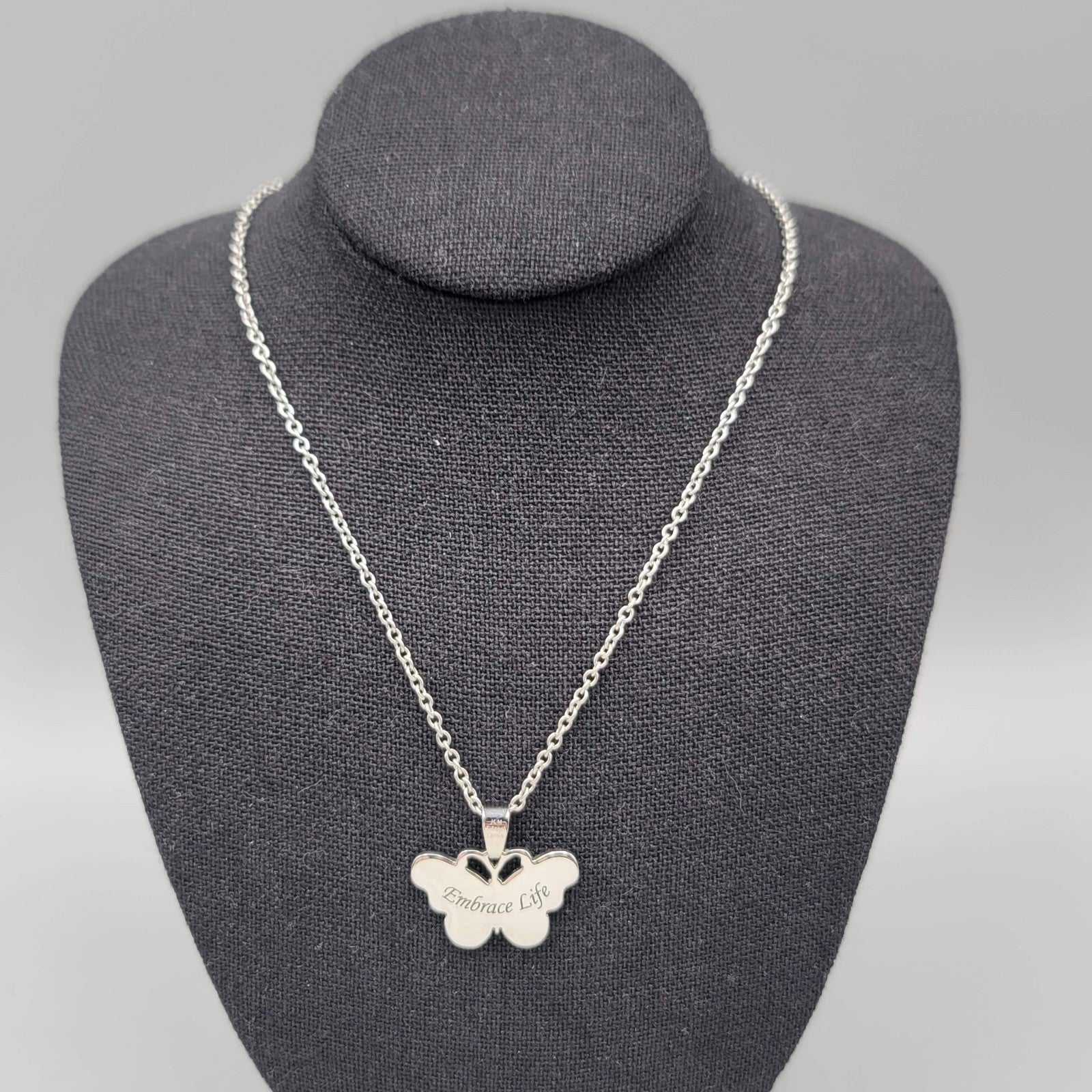 JCM Embrace Life Butterfly Pendant Necklace Silver tone Stainless Steel 18 in