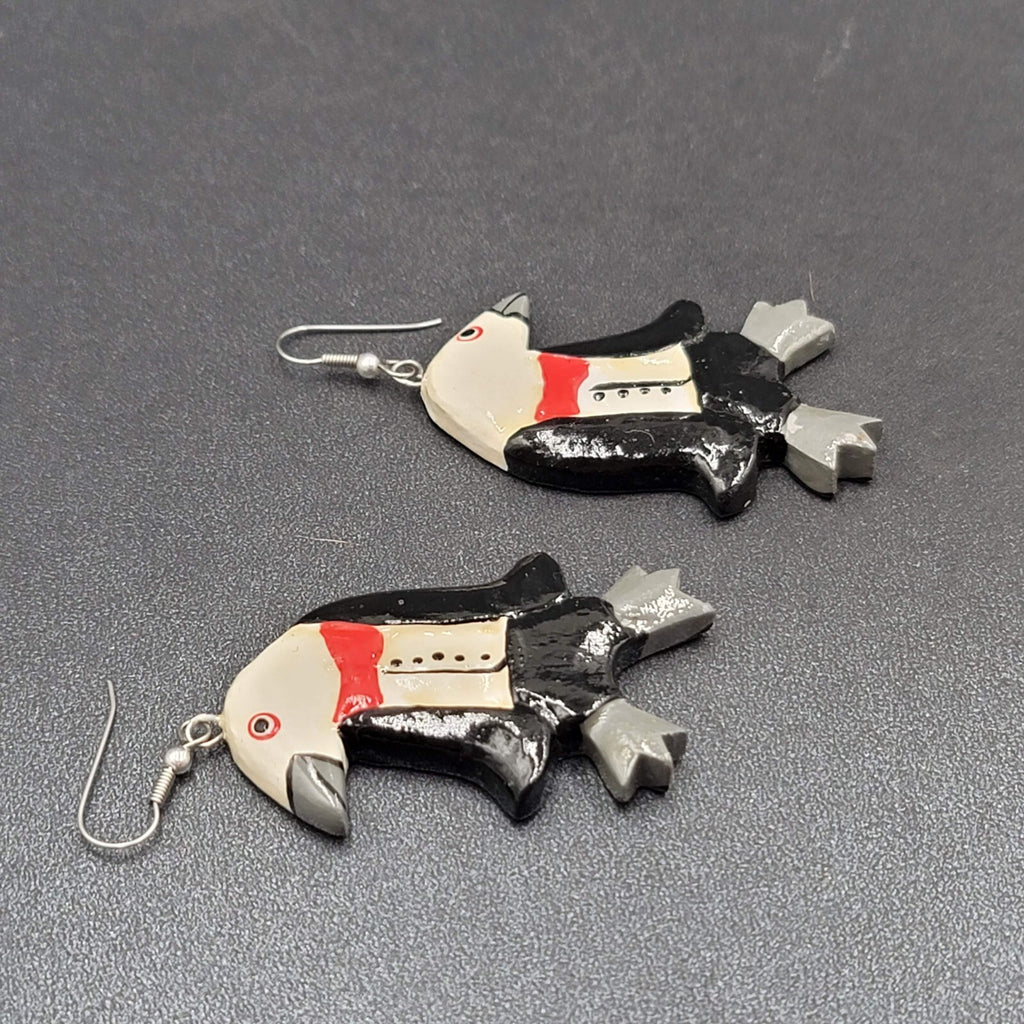 Vintage Pierced Earrings Painted Tuxedo Penguins Wood Dangle 2.25"