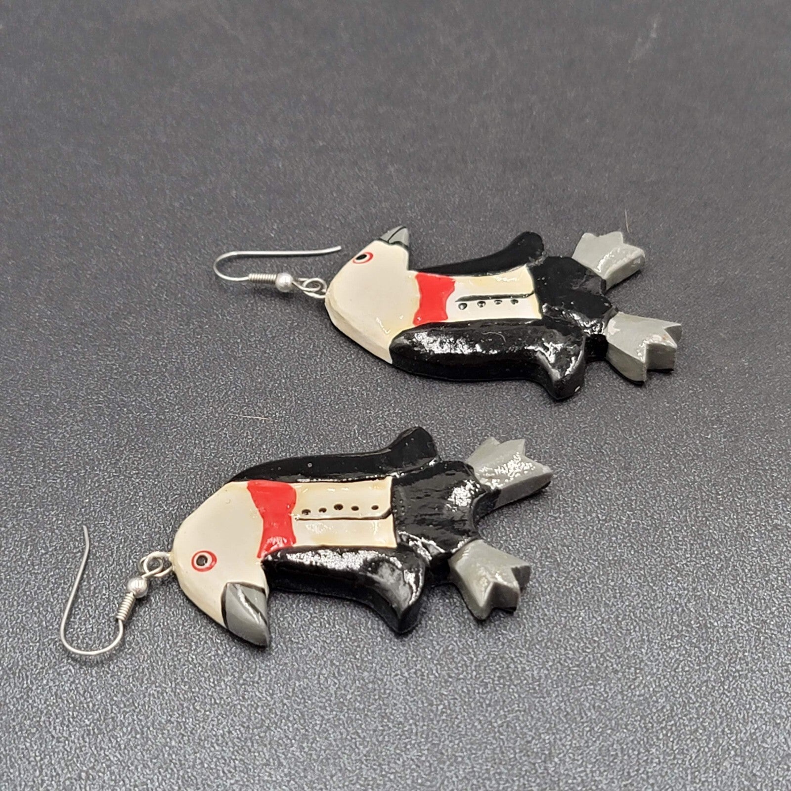 Vintage Pierced Earrings Painted Tuxedo Penguins Wood Dangle 2.25"
