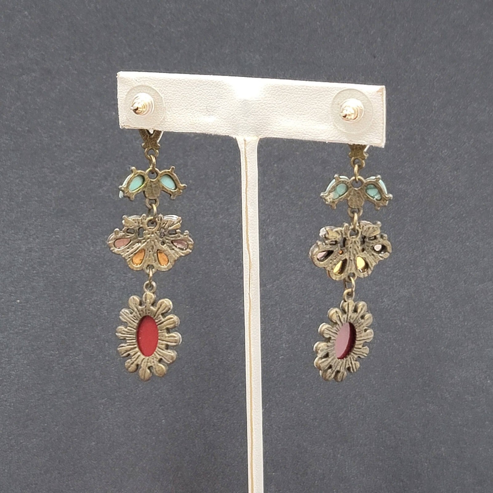 Pierced Earrings Bronze tone Multi Color Accents Rhinestone 2.75"