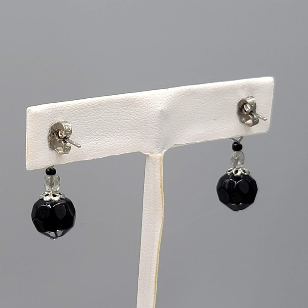 Black Glass Bead Rhinestone Pierced Earrings Silver tone Dangle 1"