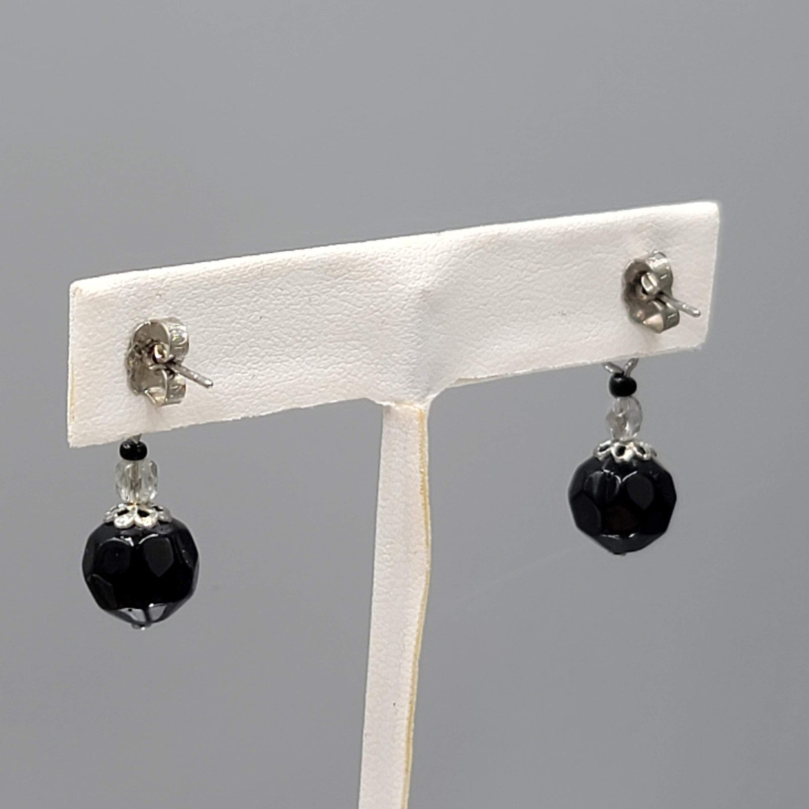 Black Glass Bead Rhinestone Pierced Earrings Silver tone Dangle 1"