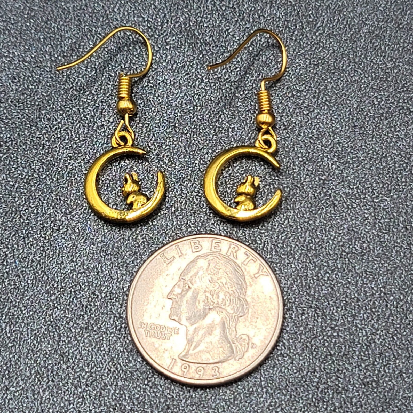 New Bunny Rabbit on Crescent Moon Pierced Earrings Gold tone Dangle 5/8"