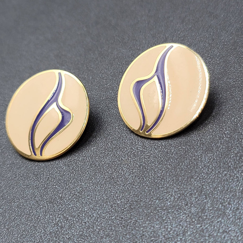 Vintage Pierced Earrings Gold tone Purple Tan Enamel Round Drop 1 1/8"