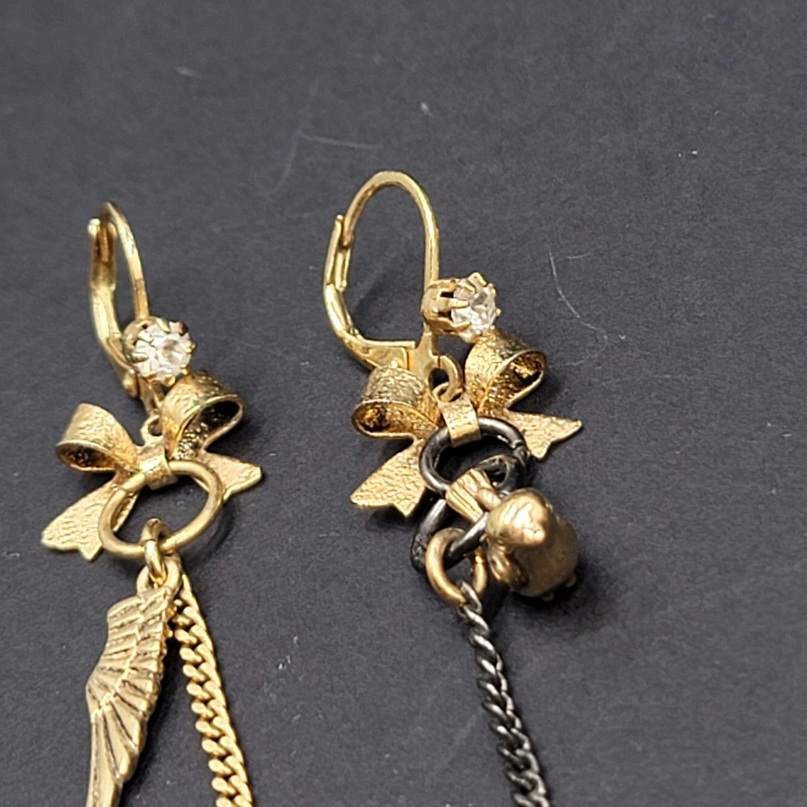 Asymmetrical Bows Birds Angel Wings Pierced Earrings Gold tone Dangle 3"