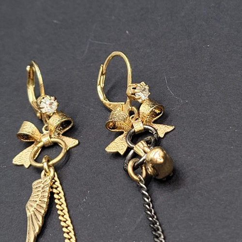 Asymmetrical Bows Birds Angel Wings Pierced Earrings Gold tone Dangle 3"