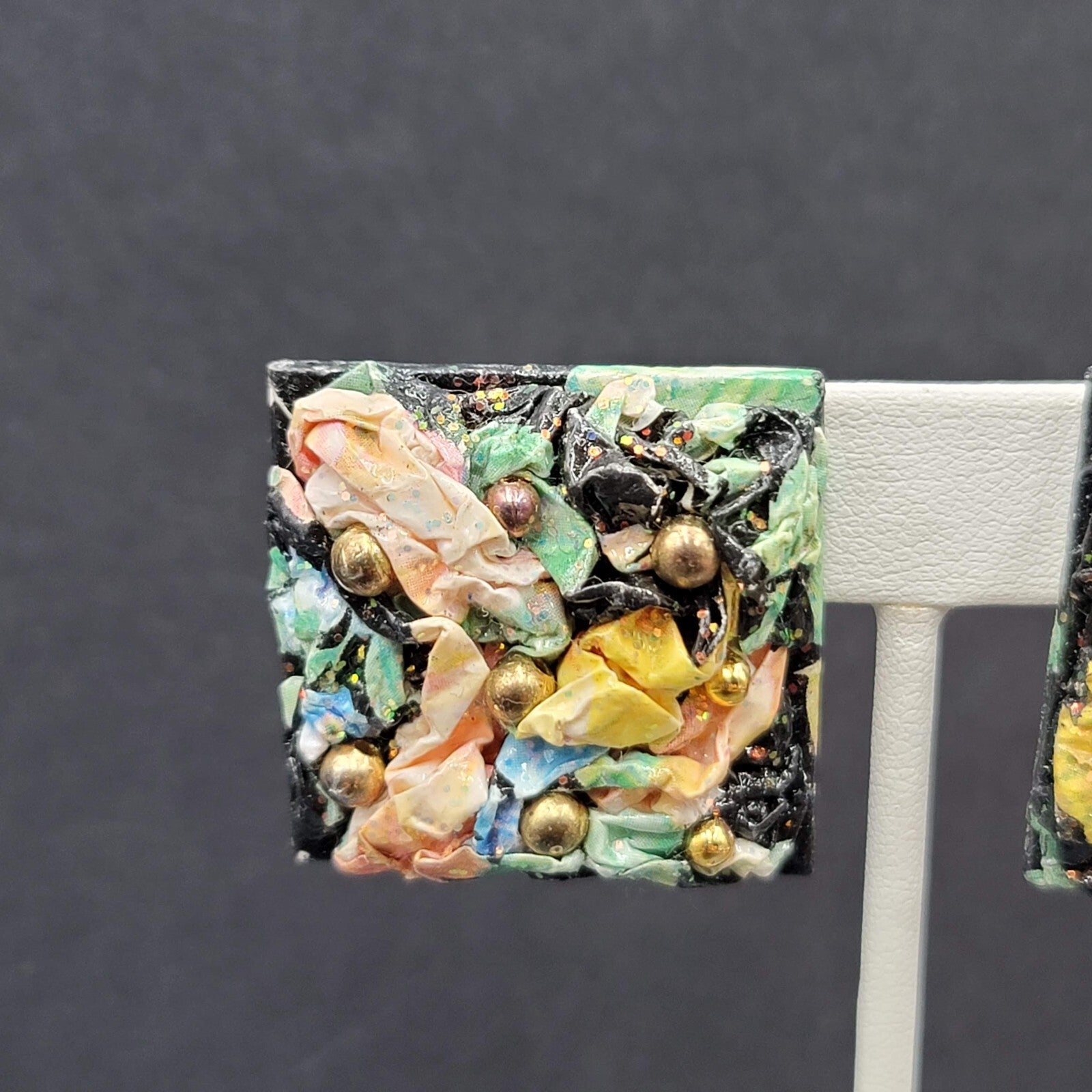 Vintage Clip on Earrings Handmade 1980s Multicolor Square Drop 1.25"