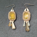 Pierced Earrings Gold tone Mesh Wrapped Yellow Faceted Acrylic Dangle 1 3/4"