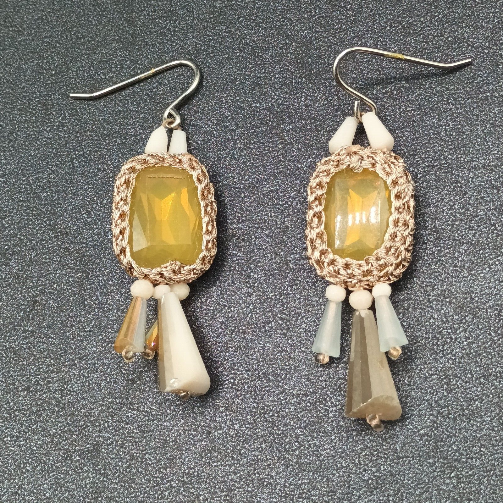 Pierced Earrings Gold tone Mesh Wrapped Yellow Faceted Acrylic Dangle 1 3/4"