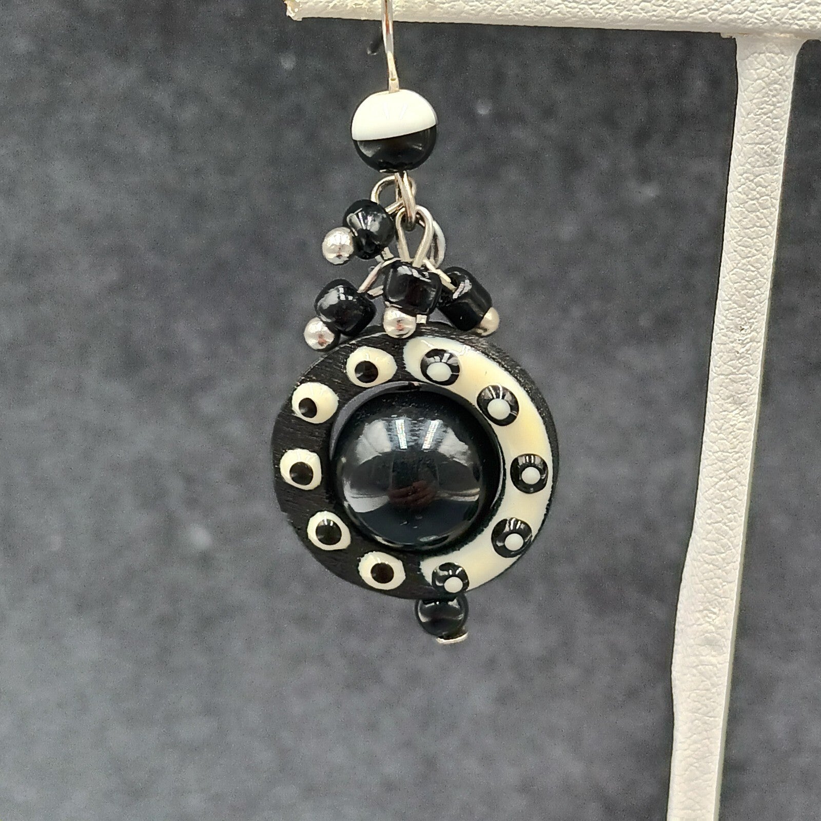 Pierced Earrings Black White Acrylic Captive Bead Statement Dangle 1 1/2"