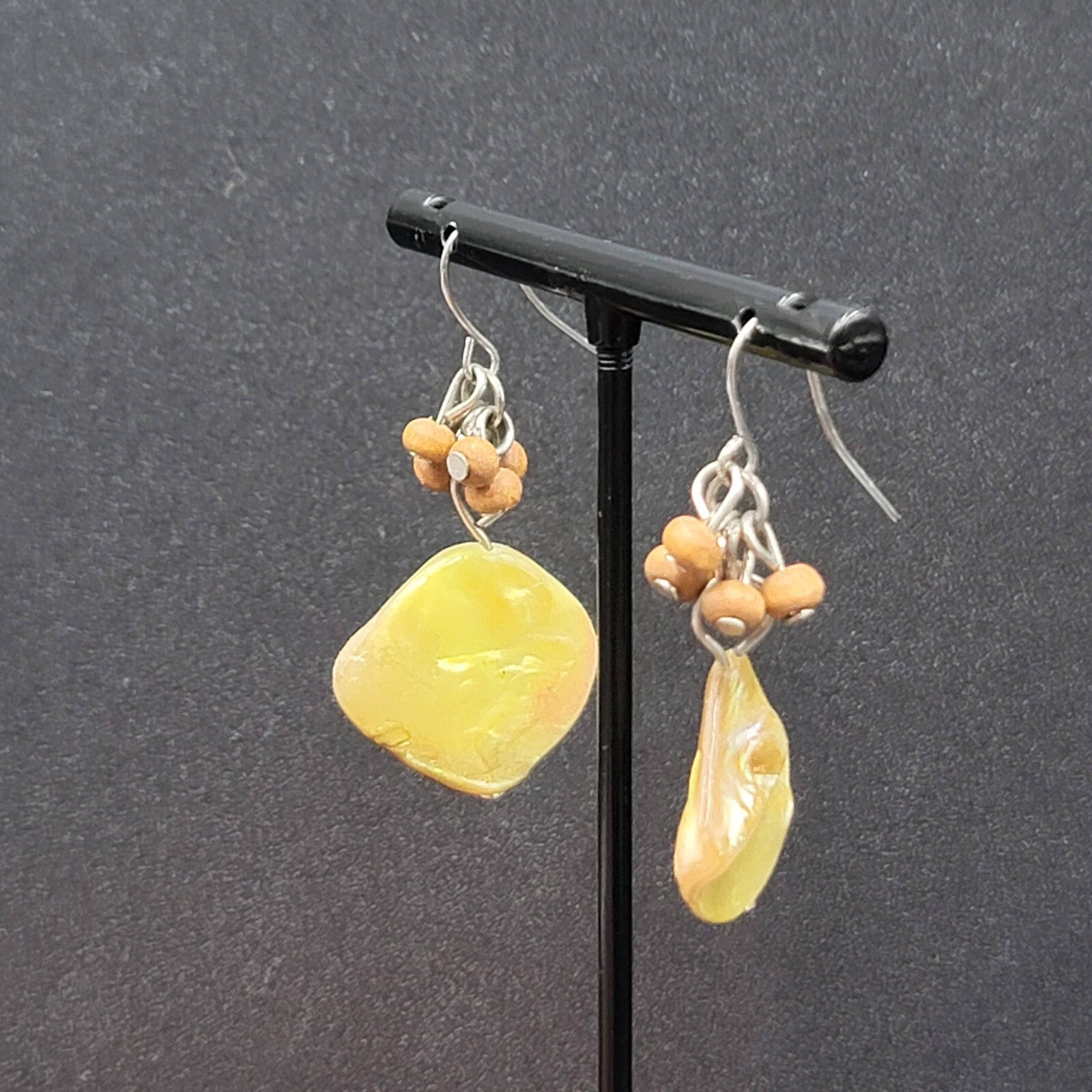 Pierced Earrings Silver tone Yellow Shell Wood Bead Dangle 1.25"