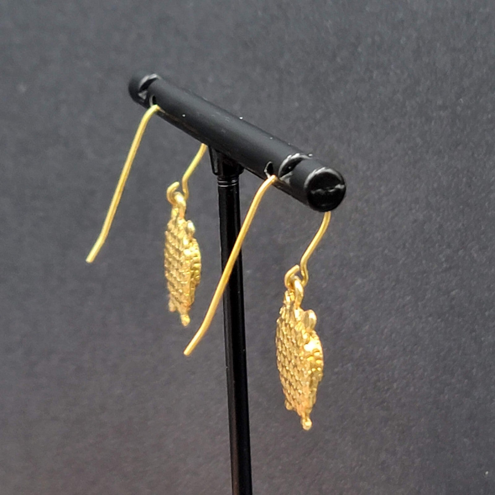 Pierced Earrings Gold tone Embossed Owl Dangle 5/8"