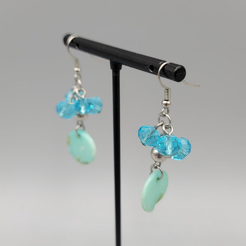 Blue Crystal Bead Dangle Pierced Earrings Silver Tone Shell Disc Drop Boho 1.25"