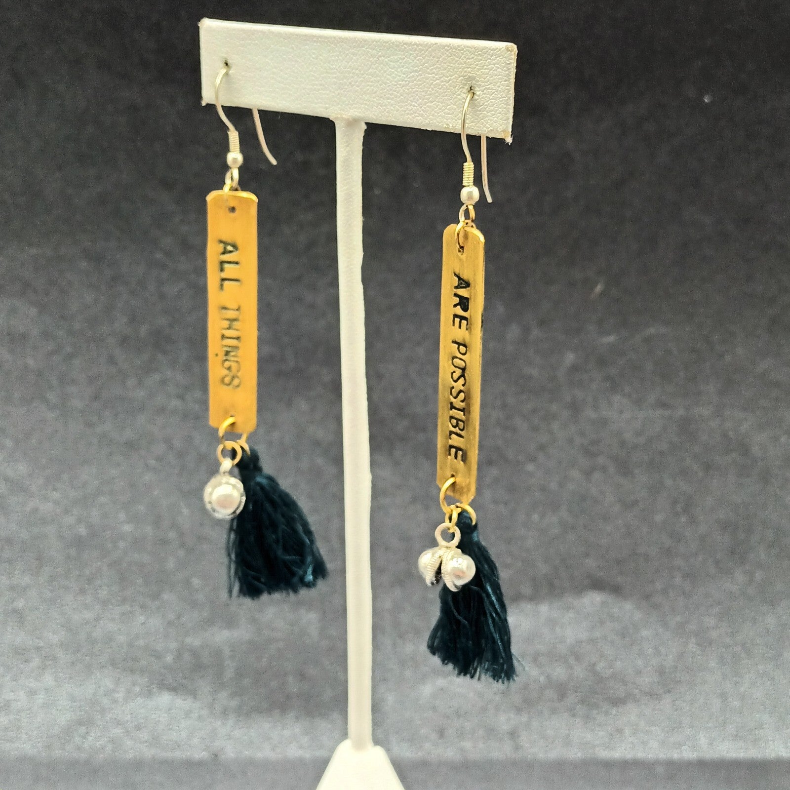 Pierced Earrings "All Things Are Possible" Brass Green Tassel Dangle 3 1/4"