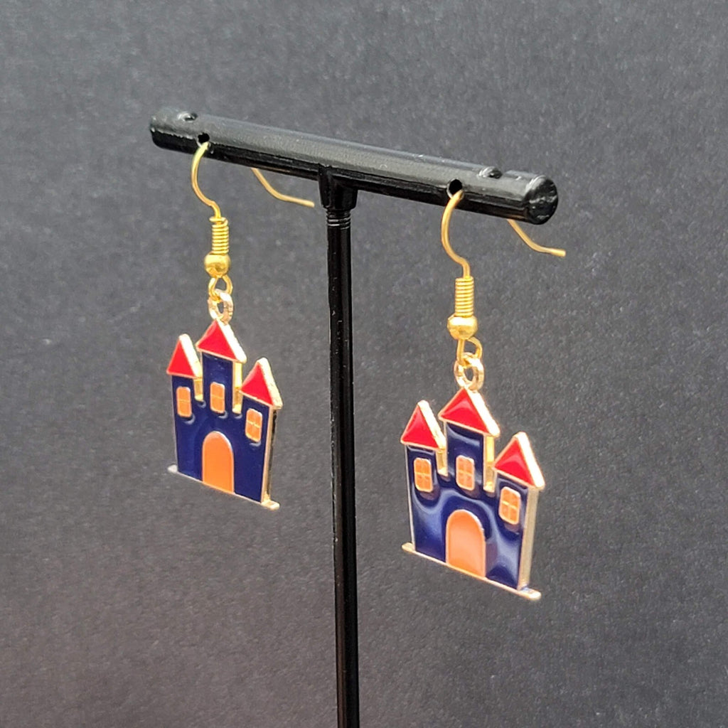 Purple Haunted House Halloween Pierced Earrings Gold tone Enamel Dangle 1"