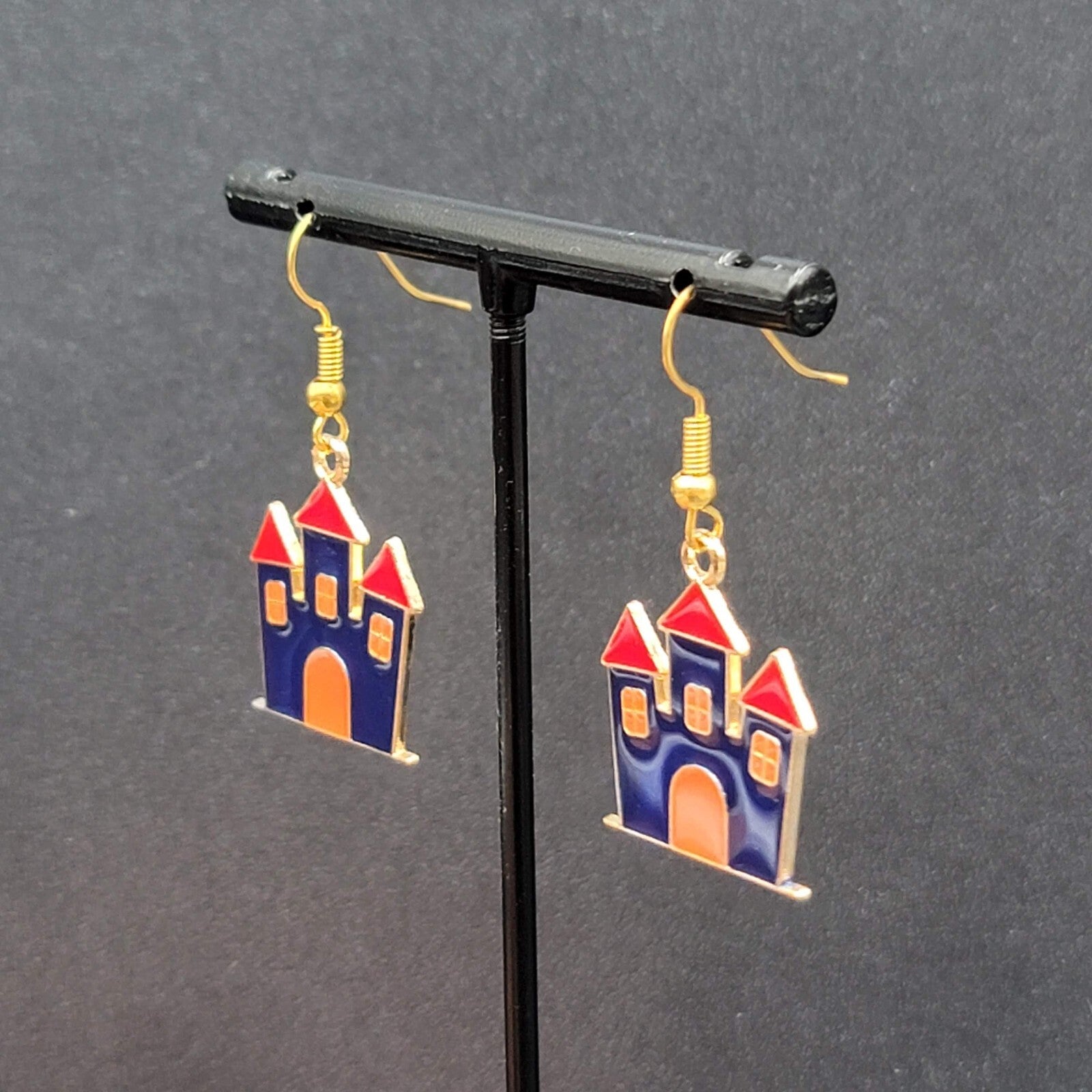 Purple Haunted House Halloween Pierced Earrings Gold tone Enamel Dangle 1"