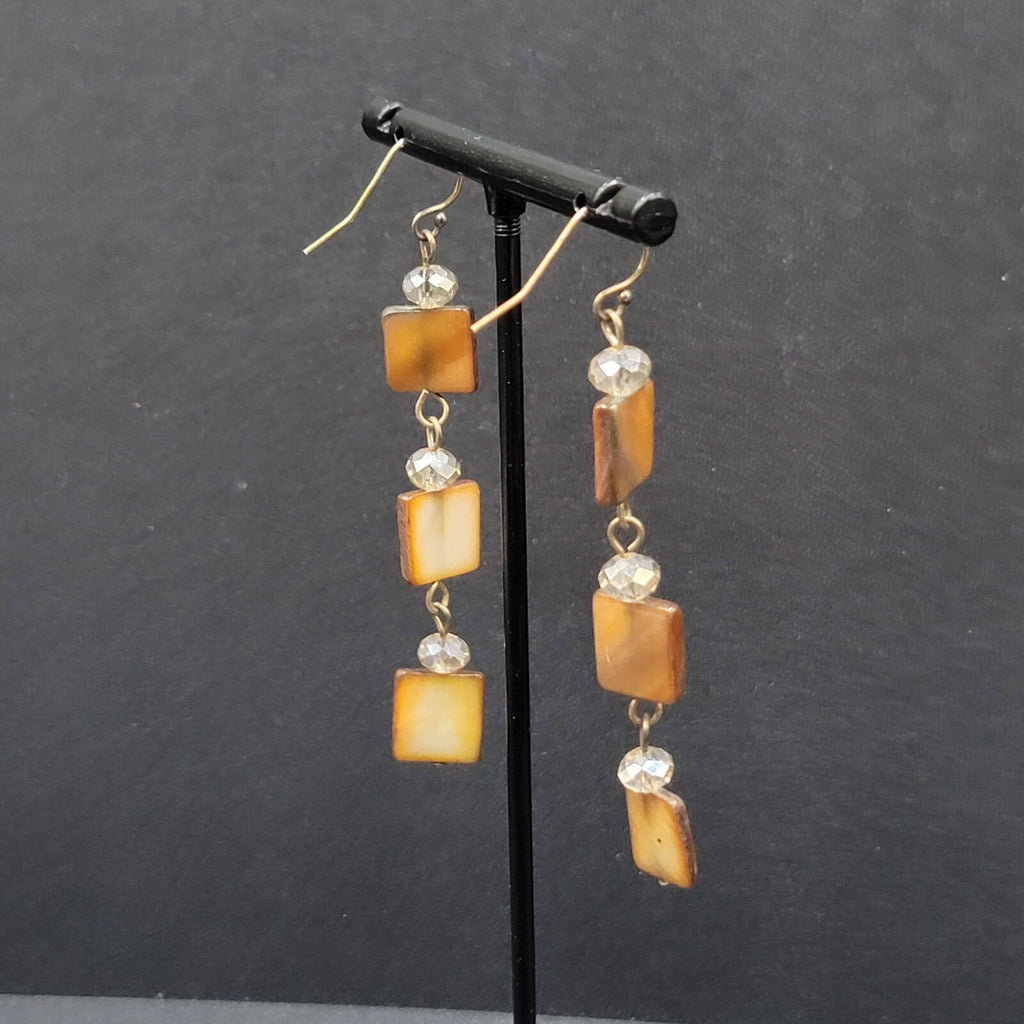 Pierced Earrings Brown Square Seashell Beads Dangle 2 3/8"