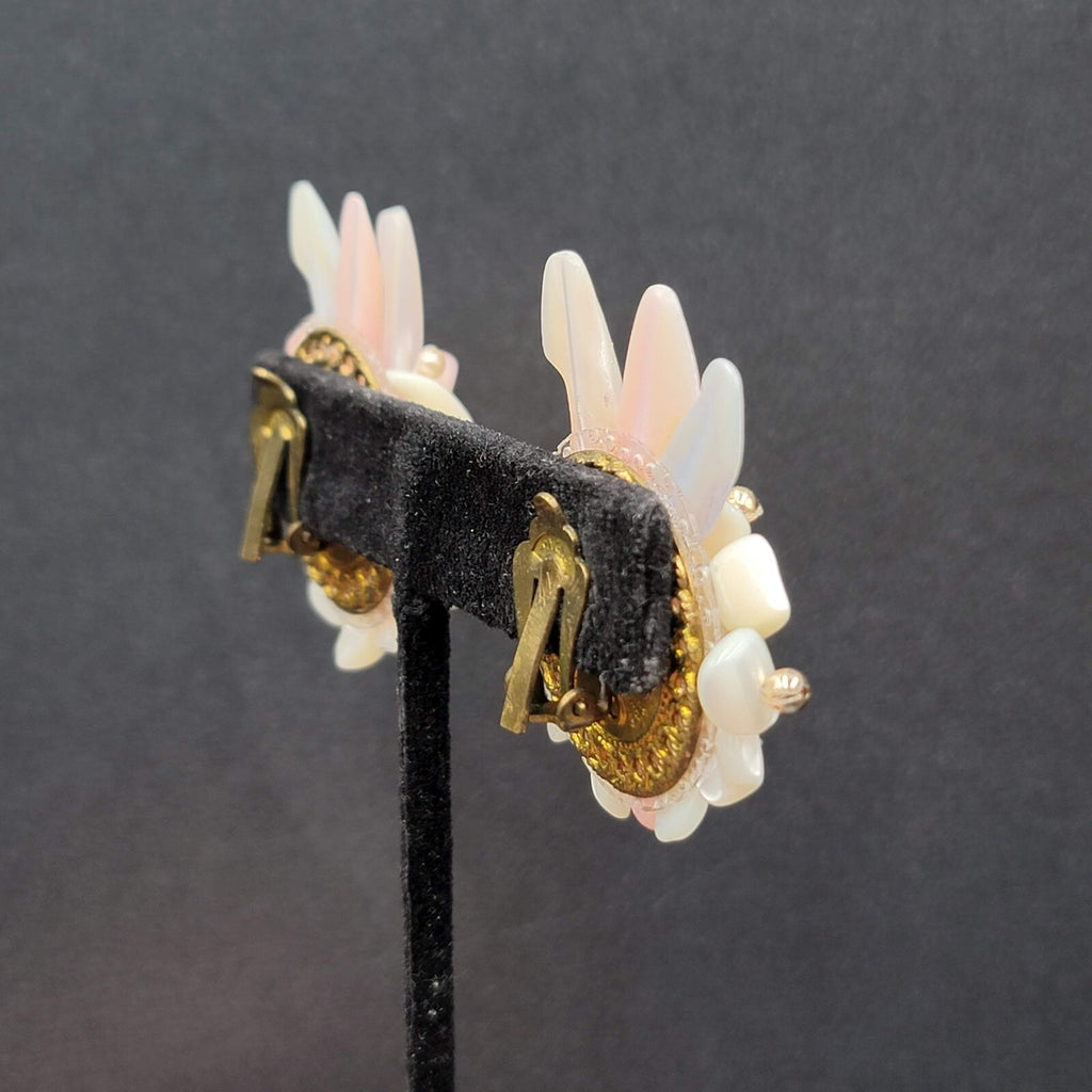 Vintage Clip on Earrings Large Statement Shell Climber Cluster Beads 1.75"
