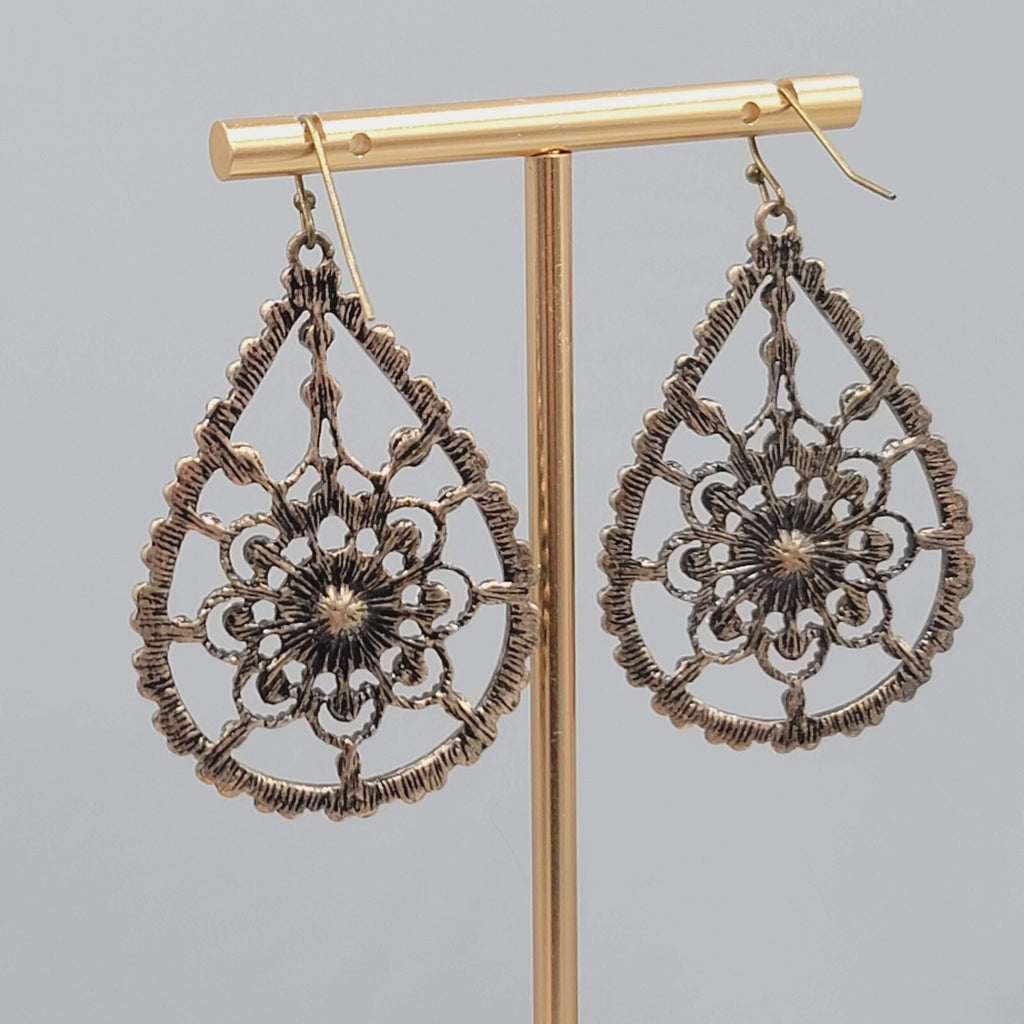 Teardrop Pierced Earrings Bronze tone Rhinestone Dangle 2"