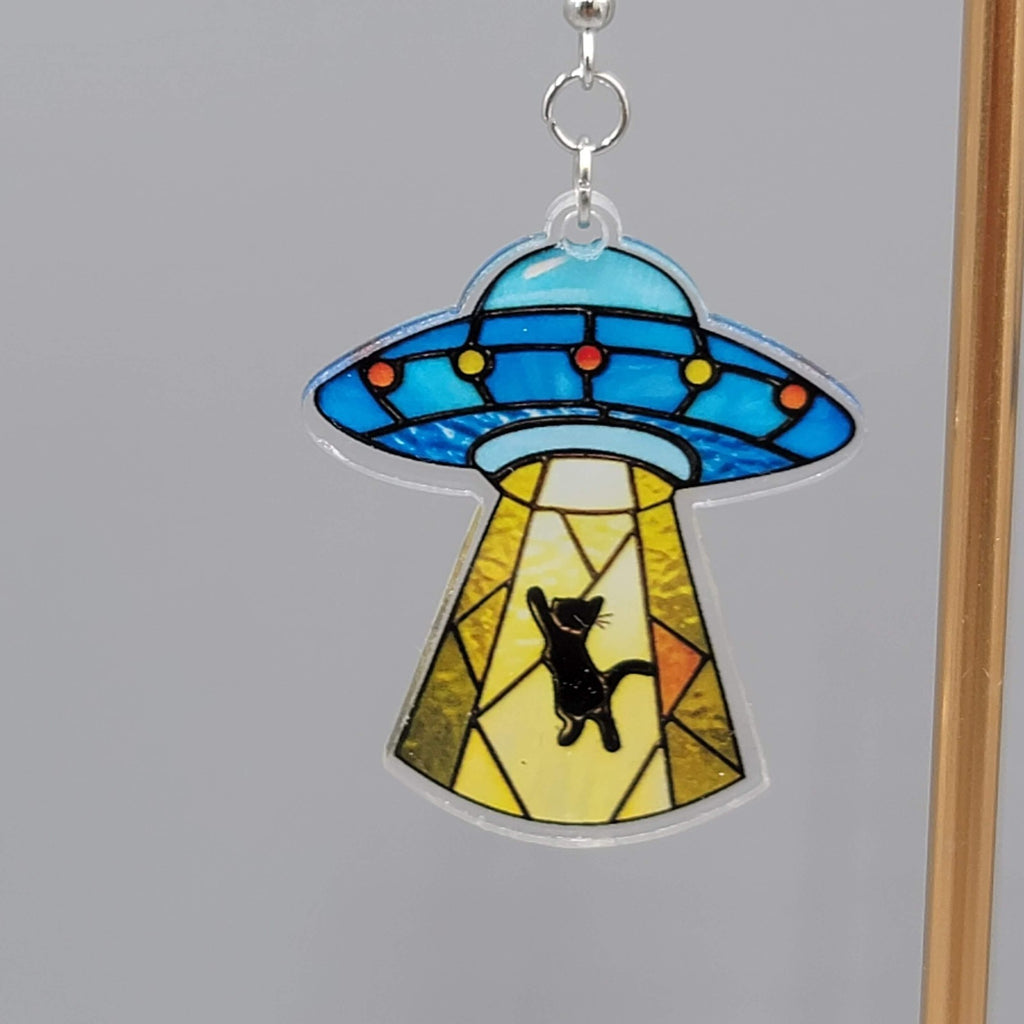 UFO Beam Black Kitty Cat Dangle Pierced Earrings Silver tone New 1.75"