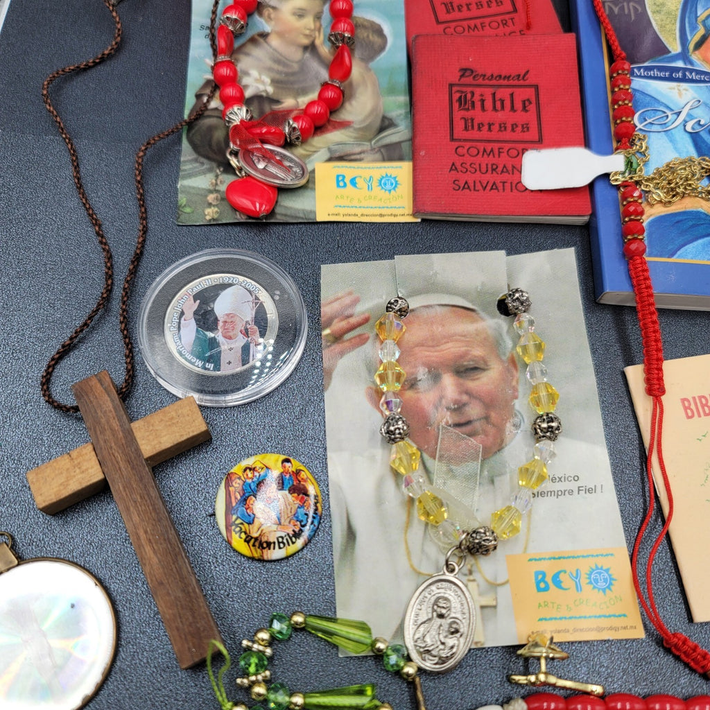 Vintage Religious Booklets Large Lot Rosaries Medals Bracelets etc