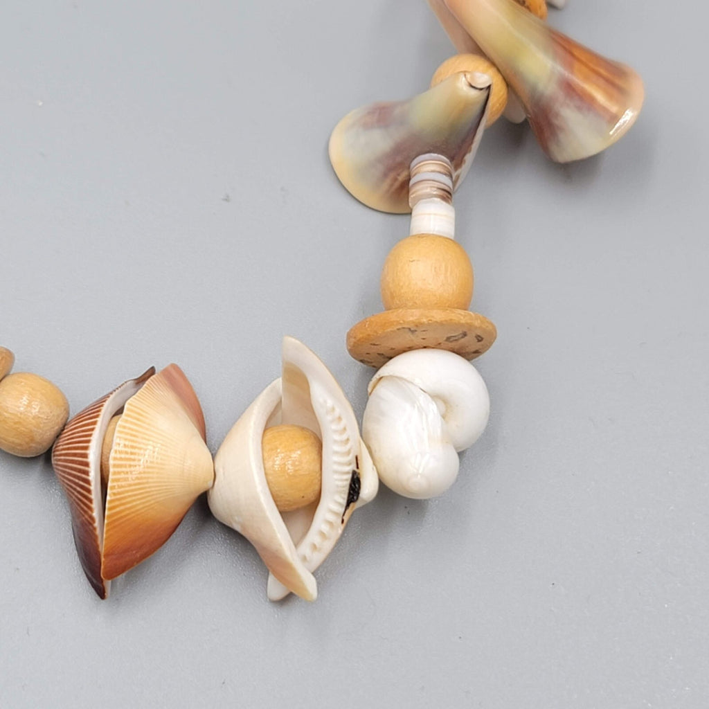 Vintage Necklace Wood Bead Shell Pieces LONG Unique Beach Summer 40"