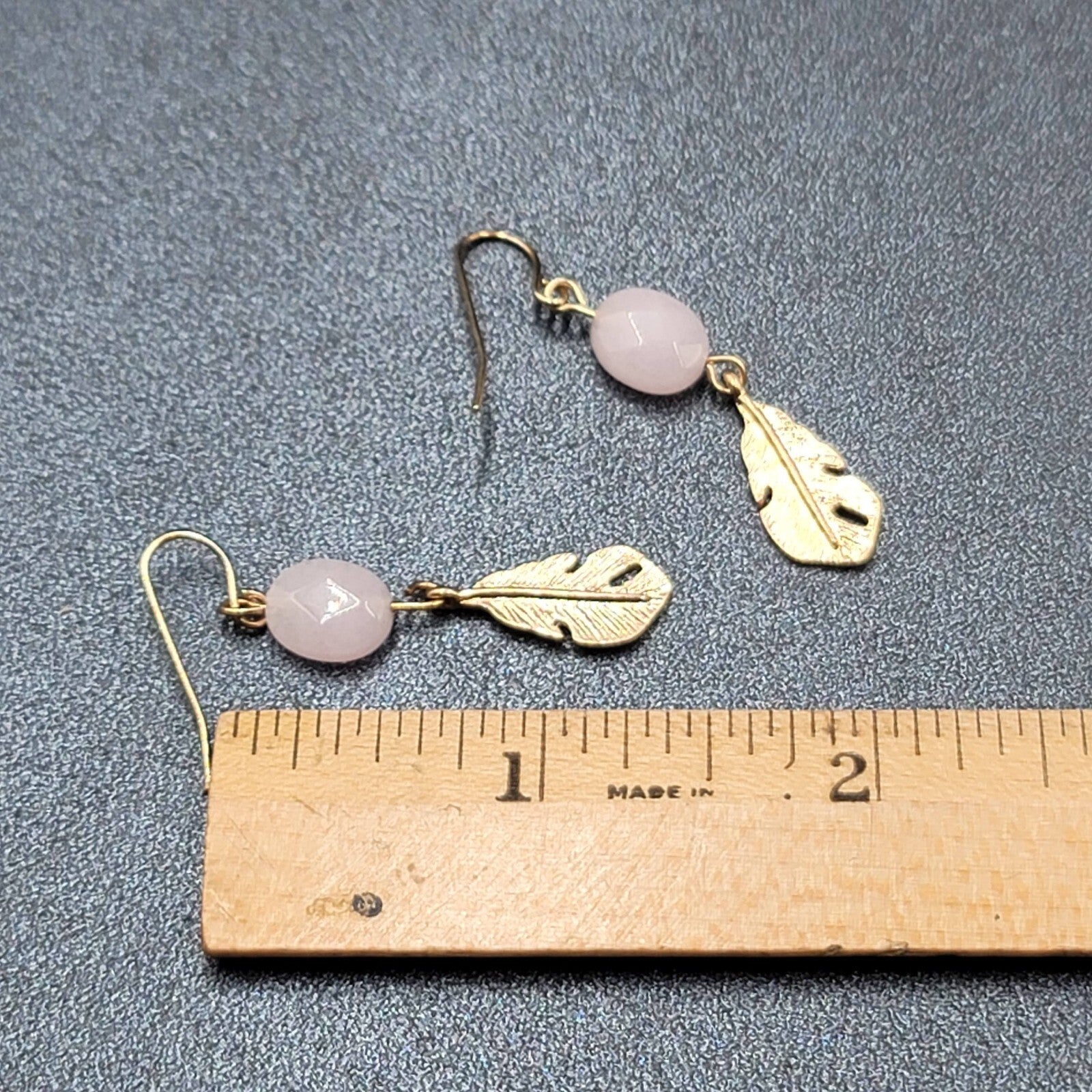 Pierced Earrings Gold tone Pink Quartz Metal Feather Dangle 1 3/8"