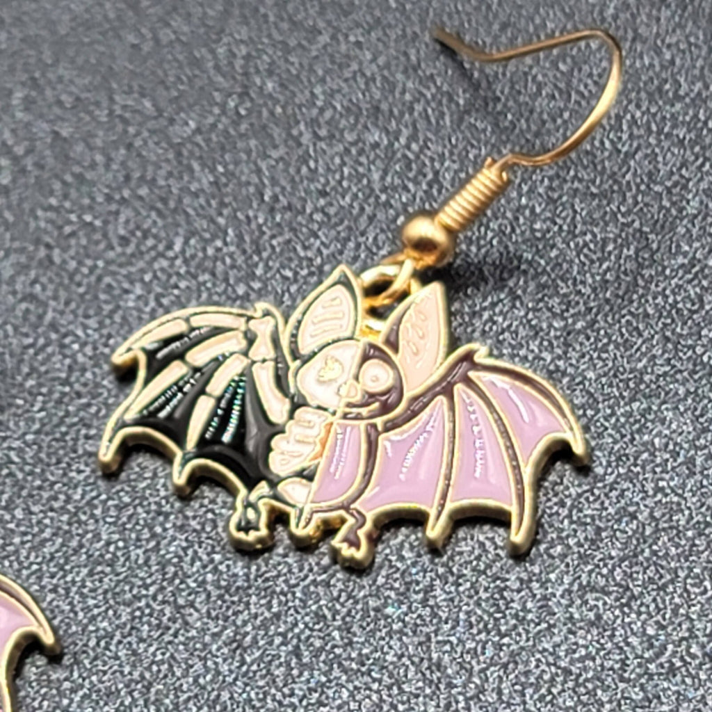 Zombie Bat Pierced Earrings Halloween Half Skeleton Enamel Dangle 3/4"