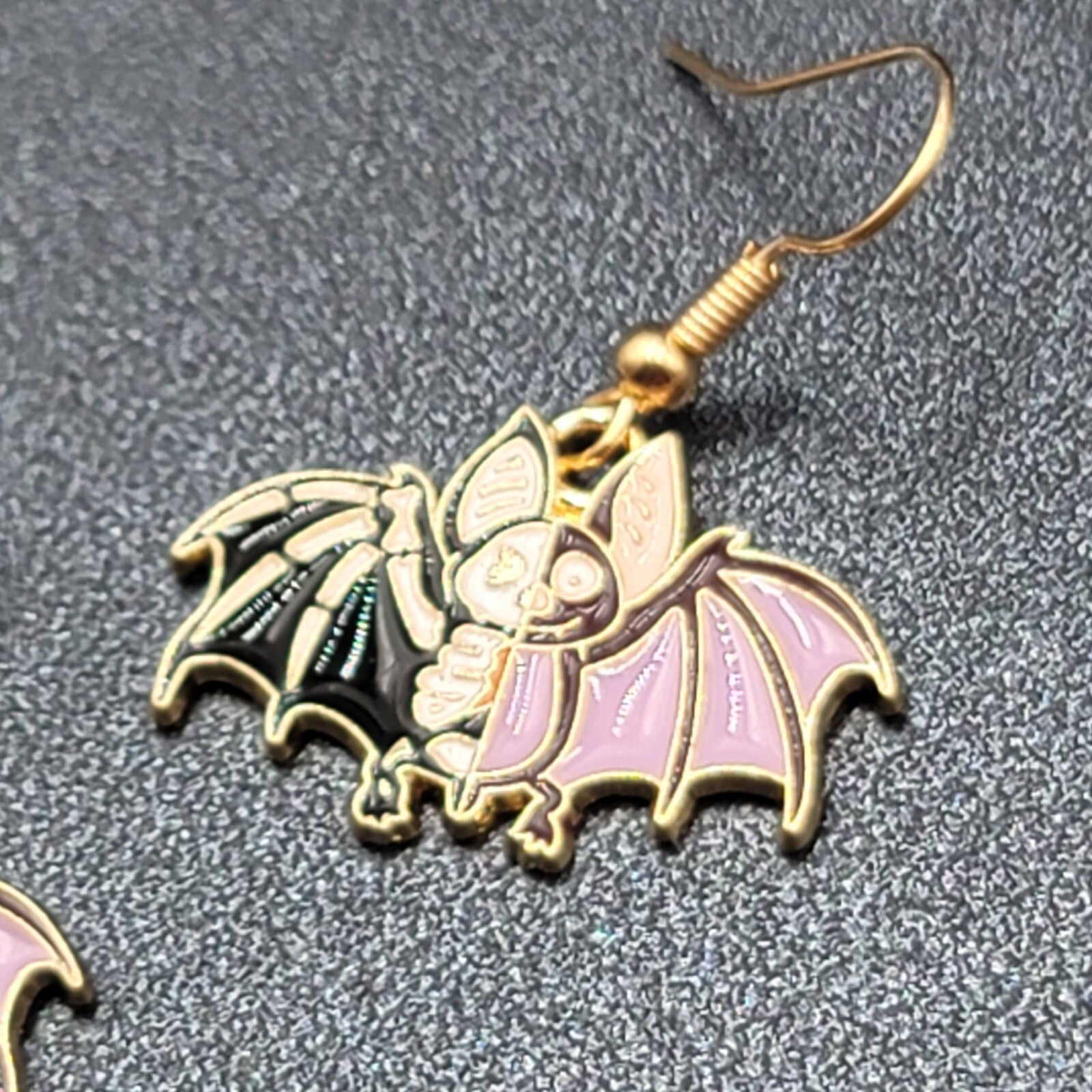 Zombie Bat Pierced Earrings Halloween Half Skeleton Enamel Dangle 3/4"