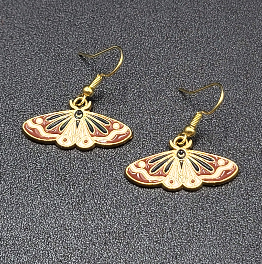 Moth Pierced Earrings Gold tone Brown Black Enamel Dangle 1/2"