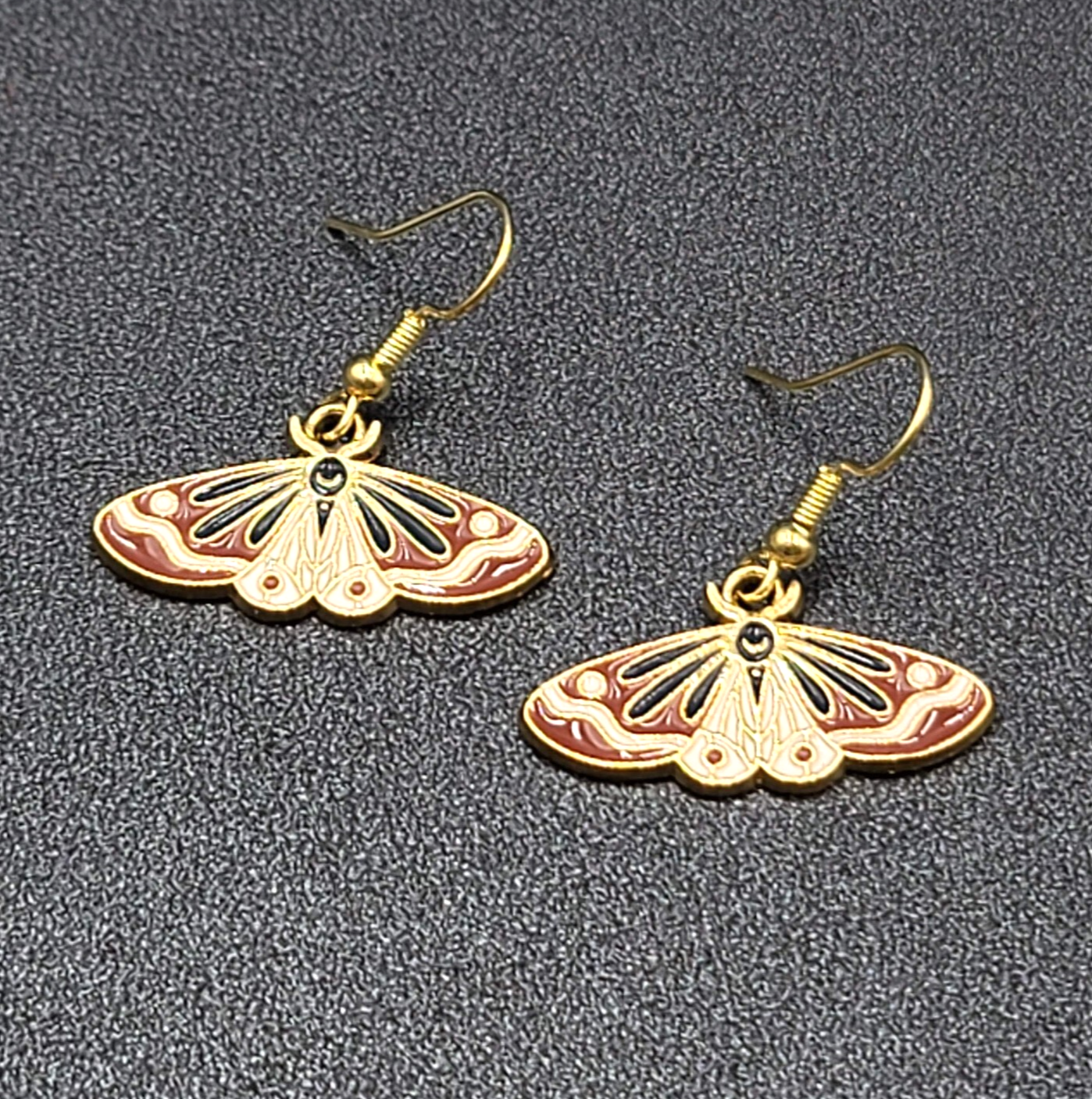 Moth Pierced Earrings Gold tone Brown Black Enamel Dangle 1/2"