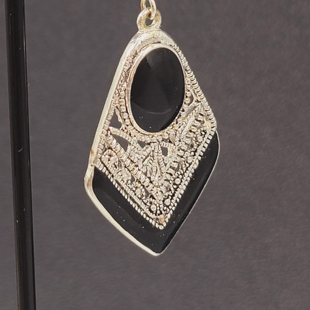 Pierced Earrings Silver tone Dangle Black Enamel Filigree 1.5"