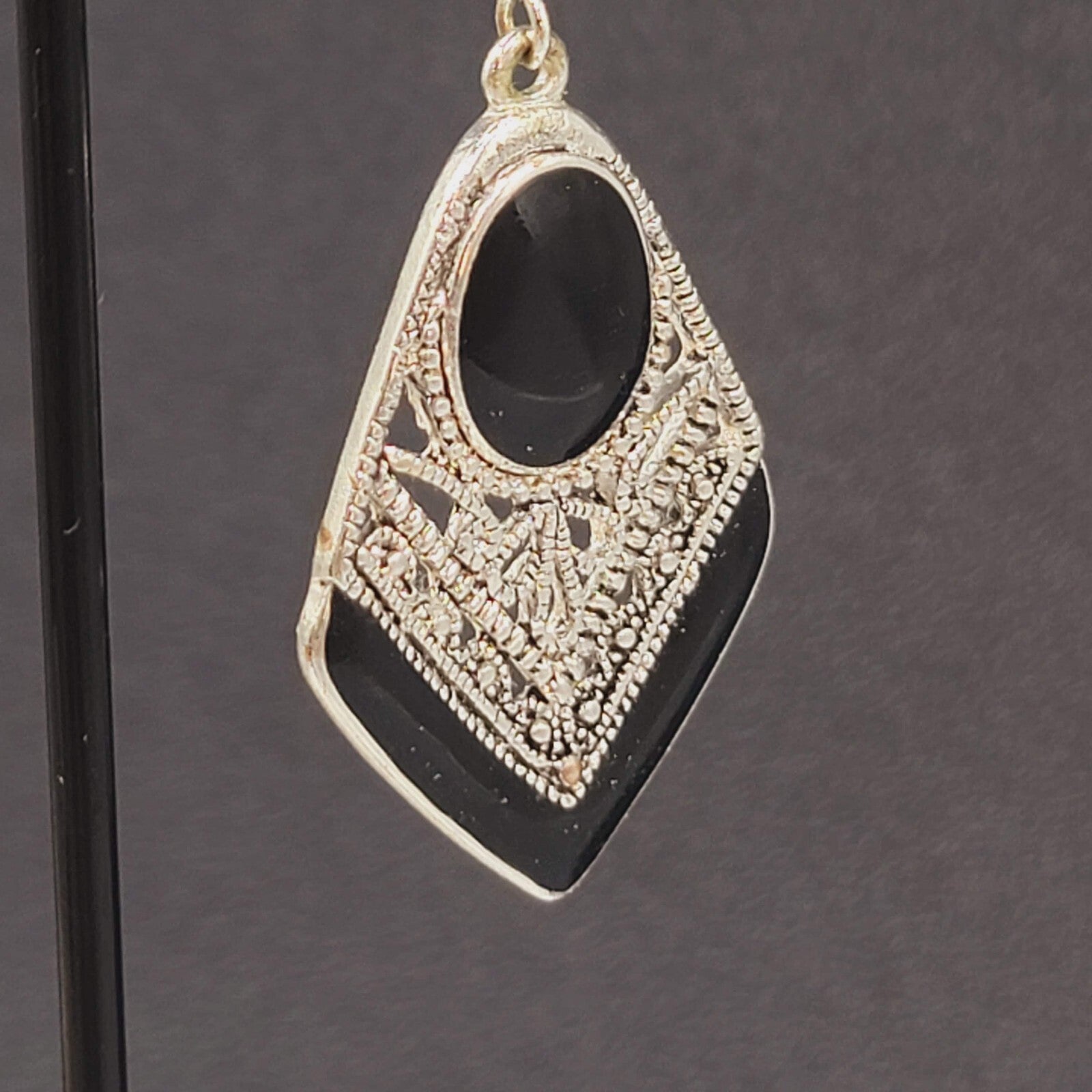 Pierced Earrings Silver tone Dangle Black Enamel Filigree 1.5"