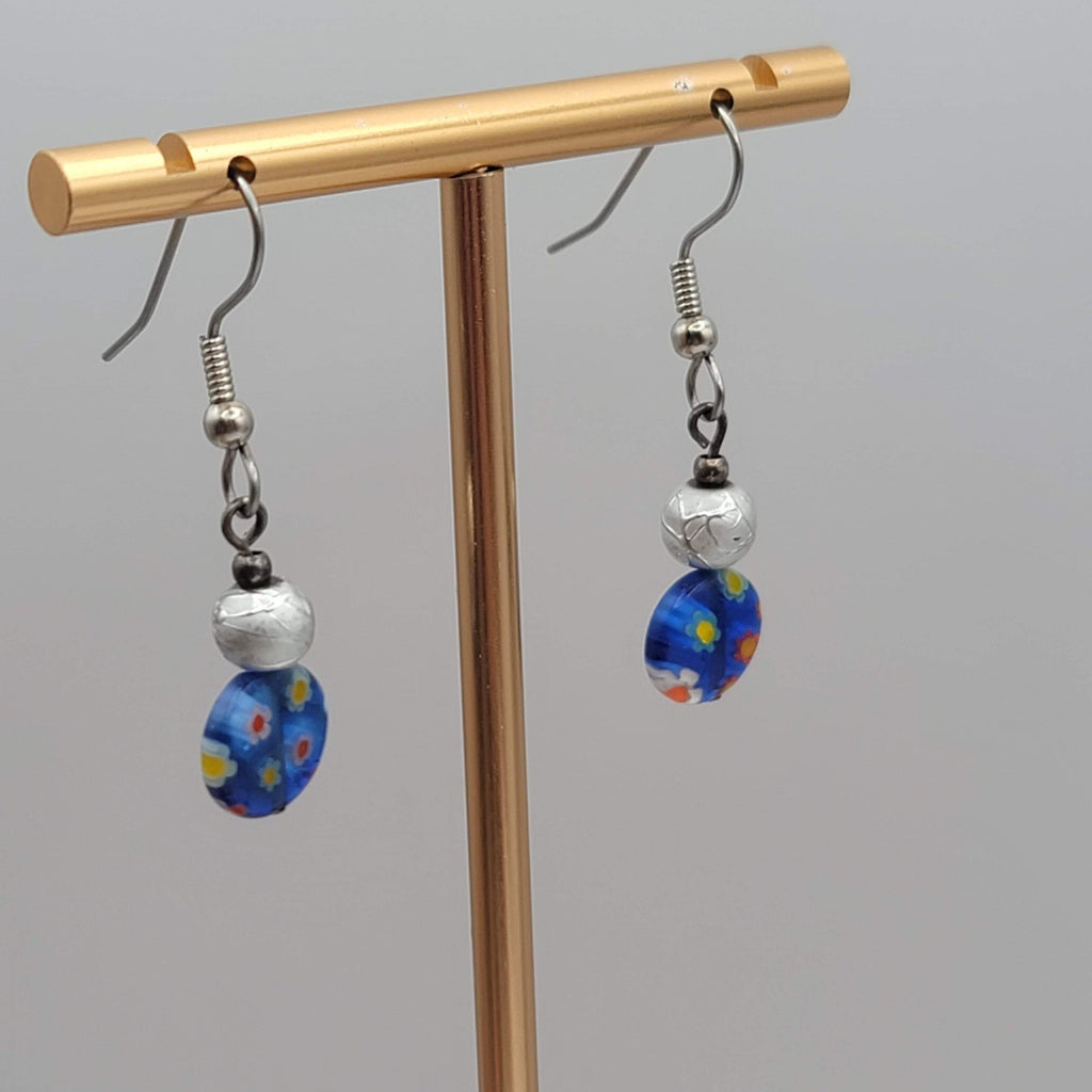 Blue Millifiori Bead Pierced Earrings Silver tone Dangle 3/4 in