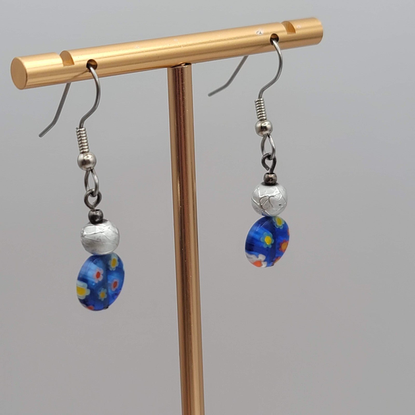 Blue Millifiori Bead Pierced Earrings Silver tone Dangle 3/4 in