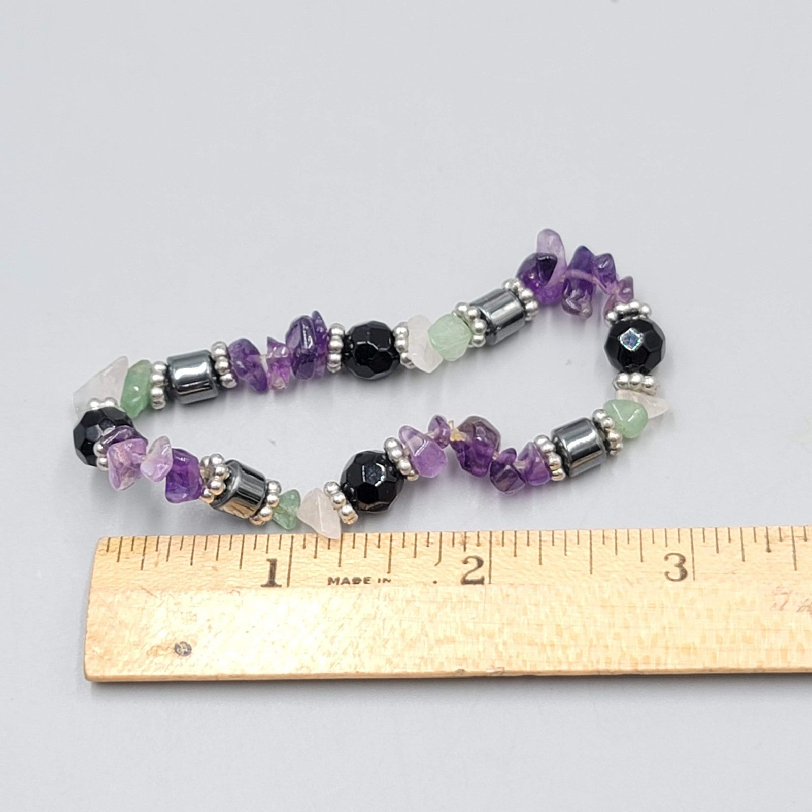 Amethyst Multi Gemstone Elastic Bracelet Purple Black Silver tone