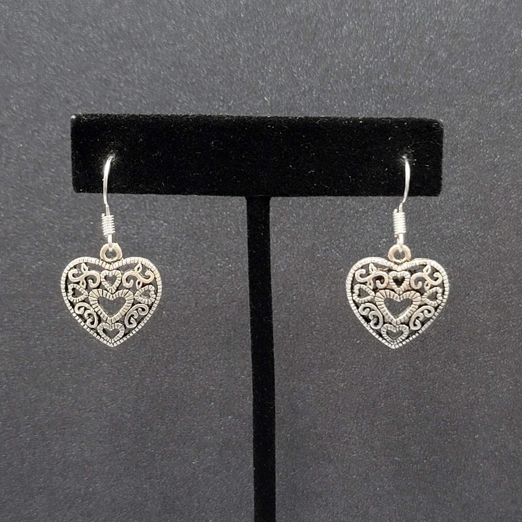 Heart Pierced Earrings Open Work Silver tone Dangle 3/4"