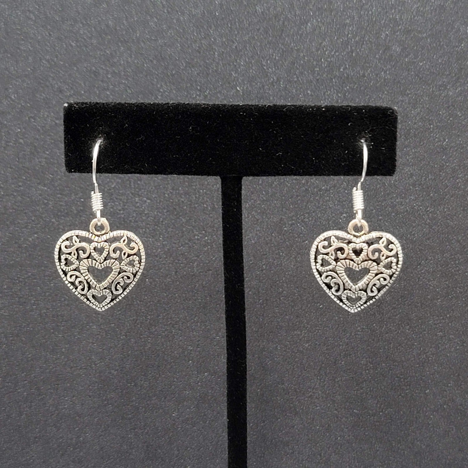 Heart Pierced Earrings Open Work Silver tone Dangle 3/4"