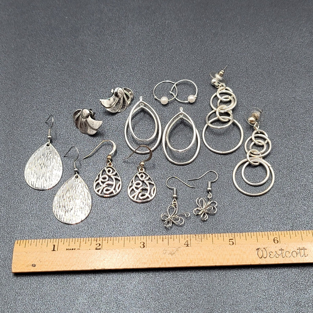 Lot of 7 Pierced Earrings Silver tone Teardrop Butterfly Hoops Wearable