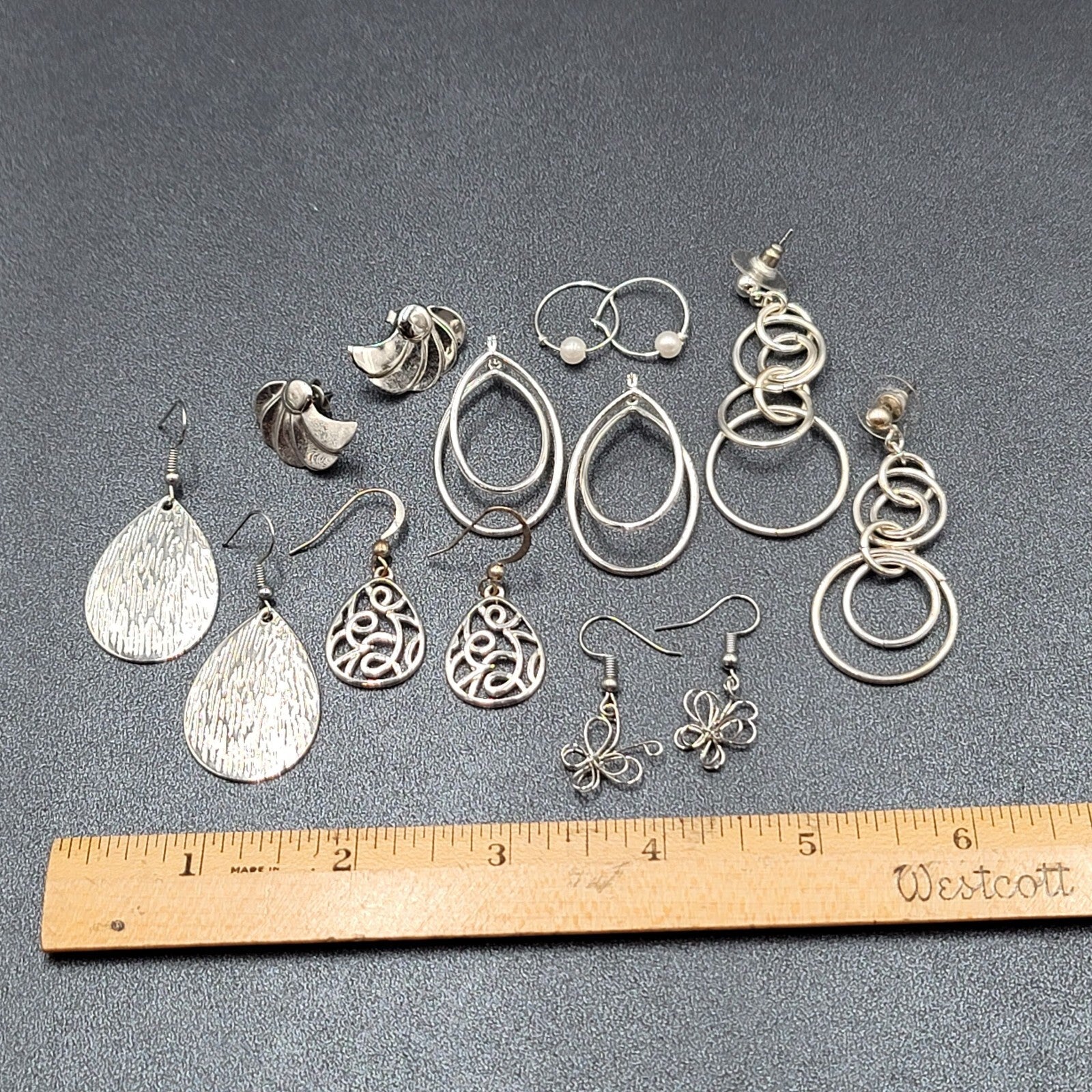 Lot of 7 Pierced Earrings Silver tone Teardrop Butterfly Hoops Wearable