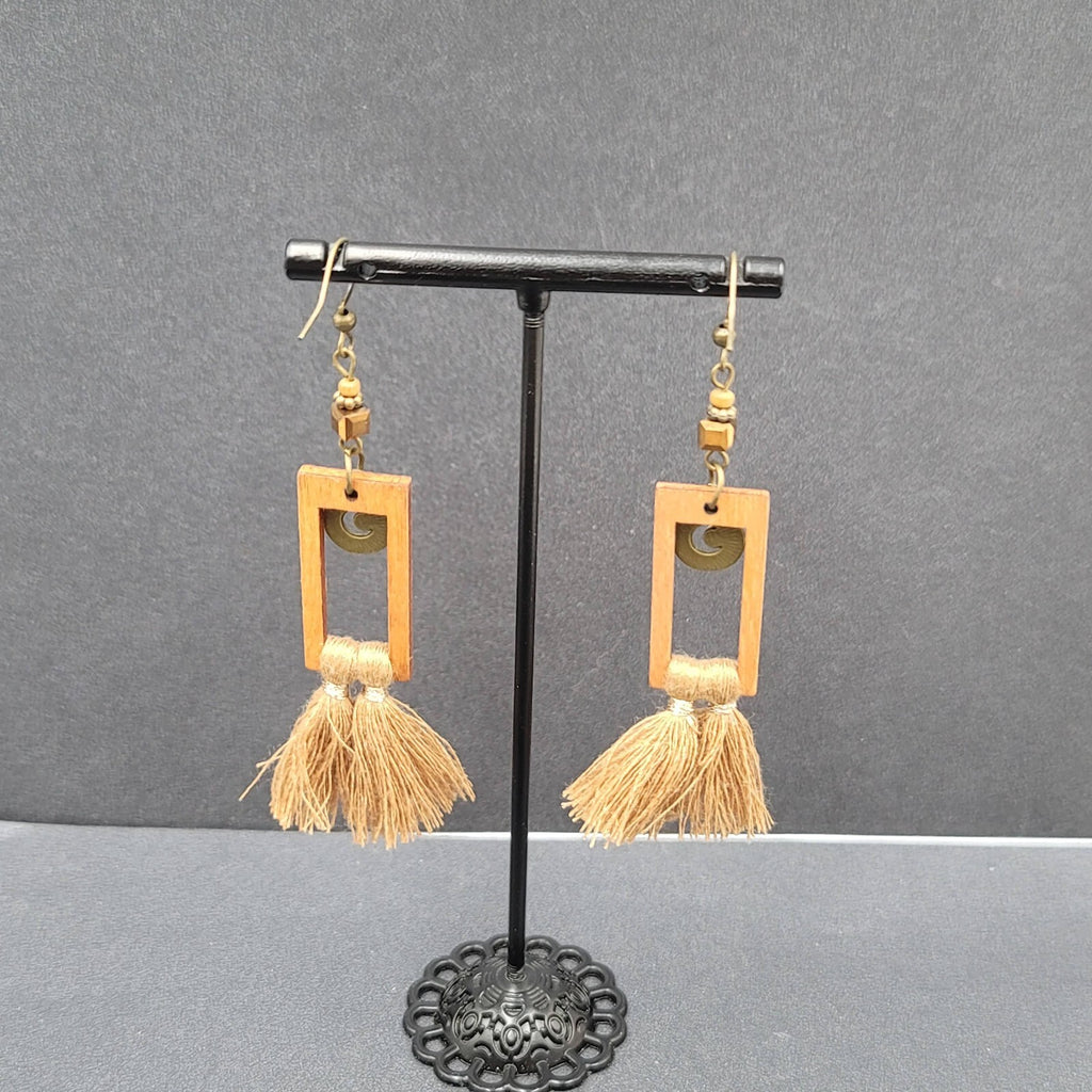 Tassel Pierced Earrings Bronze tone Wood Rectangle Dangle 2.5"