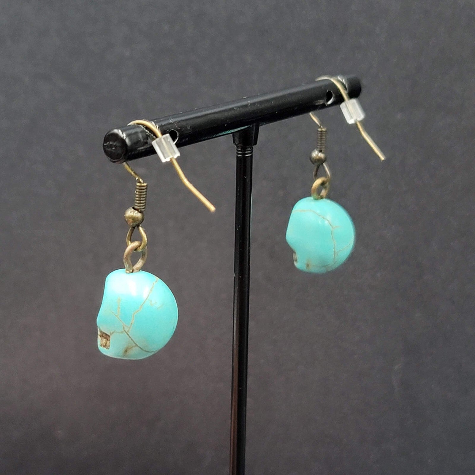Skull Pierced Earrings Blue Howlite Stone Bead Dangle 3/4"
