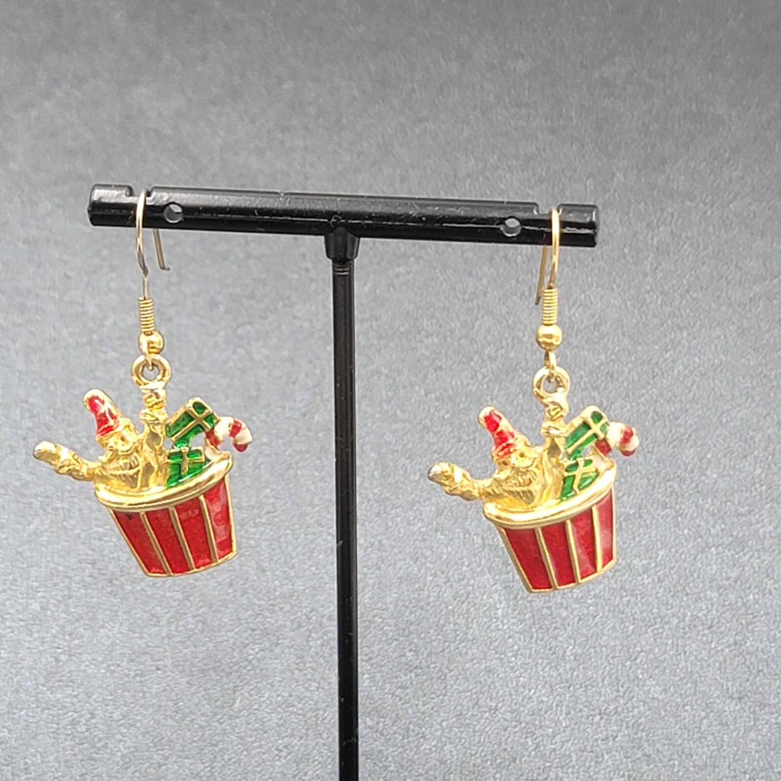 Christmas Pierced Earrings Gold Plated Presents Santa Candy Cane Dangle 1 1/8"
